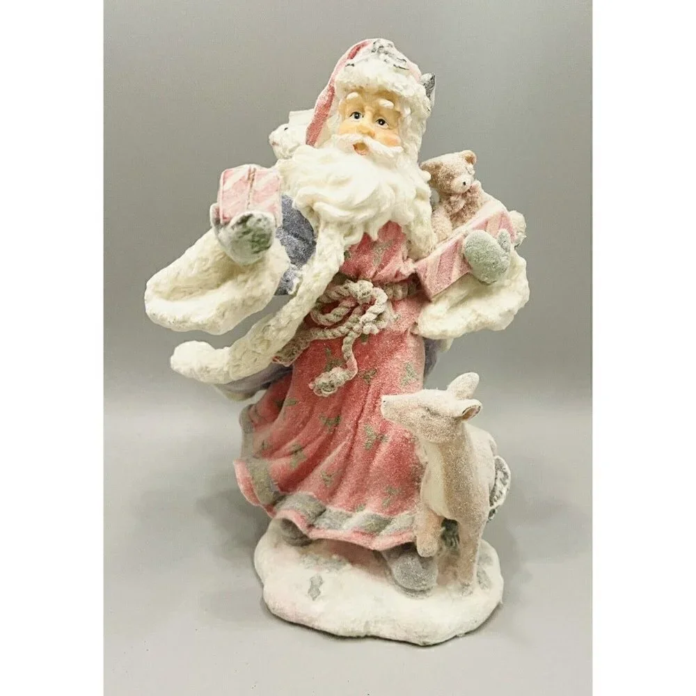 Vintage Flocked Woodland Santa Figurine 8” Toy Bag Frosted Three Hands Corp